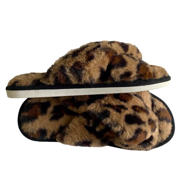 Fuzzy Cross Band Animal Print Open Toe Slippers Memory Foam Women's Medium 7-8 - Picture 4 of 11
